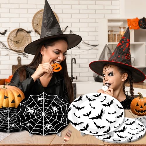 Halloween Party Plates Set - 50 Disposable Spooky Dinnerware with Spider Web & Bat Designs