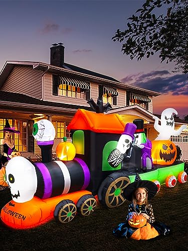 13Ft Halloween Inflatable Train Decoration with Ghost & Pumpkins - Outdoor Yard Decor - Variation of Halloween-Train