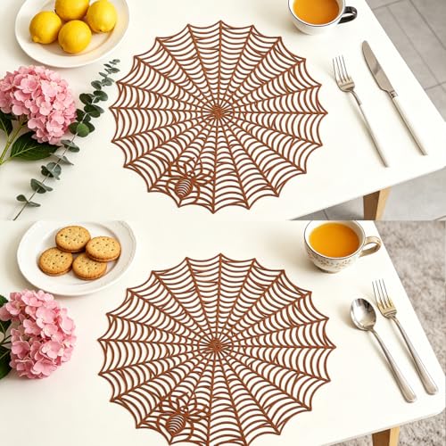 Halloween Spider Web Placemats - Brown 15 Inch Reusable Table Mats for Party & Dining