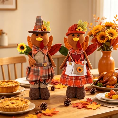 2 Pack Standing Thanksgiving Turkey Couple Figurines with Adjustable Legs - Fall Decor