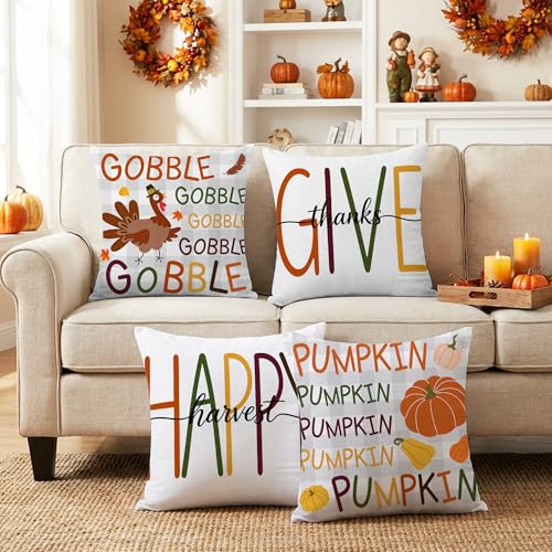 Thanksgiving Pumpkin Pillow Covers 18x18 Inches Set of 4 - Fall Harvest Decor