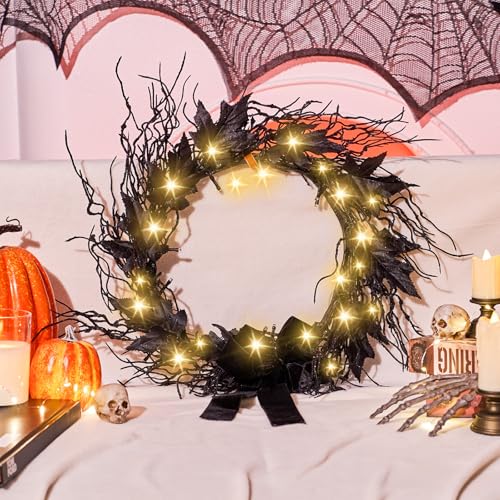 Black 16-Inch LED Halloween Wreath with Battery Timer - Spooky Decor