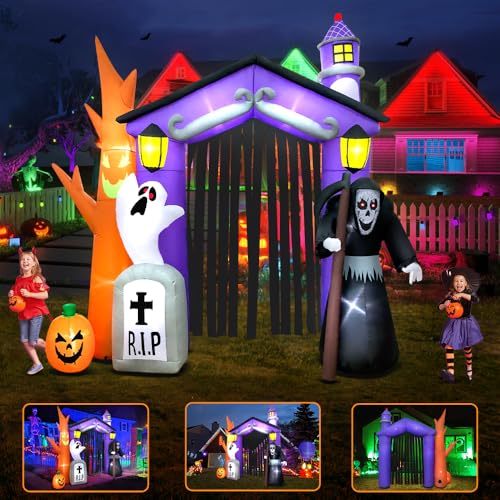 9FT Haunted House Castle Inflatable Archway with LED Lights - Halloween Yard Decoration