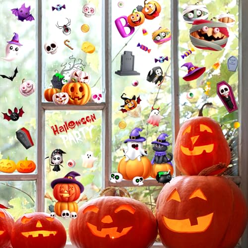 Halloween Window Clings Decorations - 9 Sheets Cartoon Pumpkin Ghost Bat Stickers