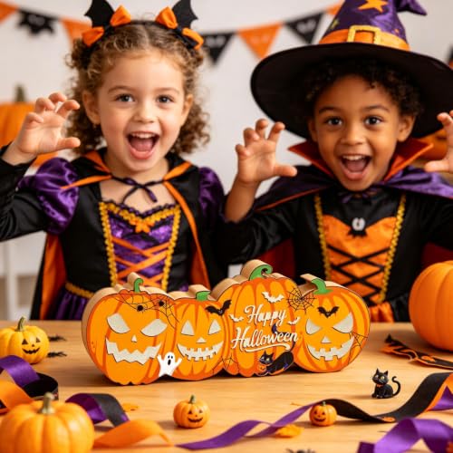 Lighted Halloween & Autumn Pumpkin Table Decor - Double-Sided Wooden Centerpiece