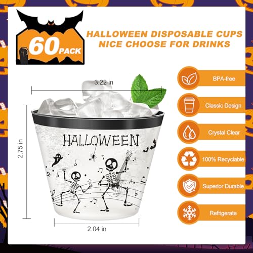 Halloween 9oz Plastic Cups - 60 Pack, Disposable Party Cups with Skeleton & Pumpkin Design