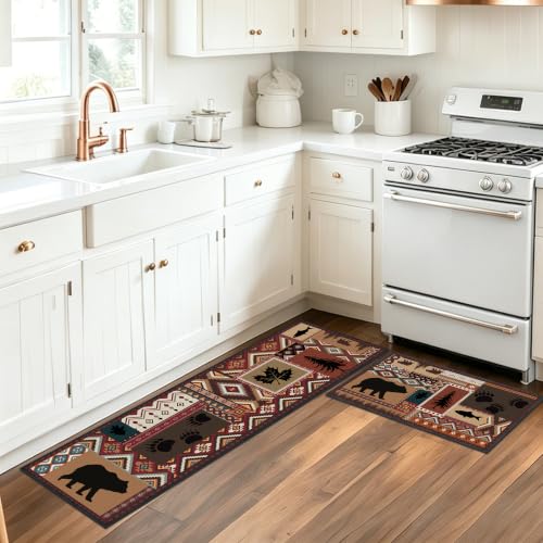 Southwestern Bear Kitchen Rugs Set - 2 Pieces, Non-Slip, Farmhouse Decor