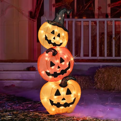 Lighted Halloween Stacked Pumpkins Decoration with 50 Warm White LEDs - Indoor & Outdoor Porch Yard Display - 39 Inches Tall - Variations of Stacked Pumpkins