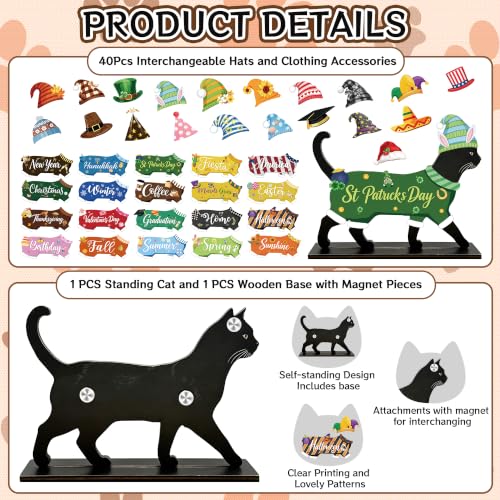 Black Cat Interchangeable Seasonal Desk Decor Sign with Magnet Pieces - Pet Lover Gift