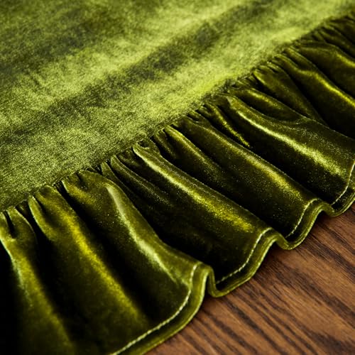 Olive Green Velvet Table Runner 14x72 Inches Luxurious Retro Ruffle Decor