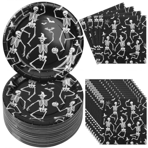 Halloween Paper Plates and Napkins Set - Dancing Skeleton Theme, 100 Pcs