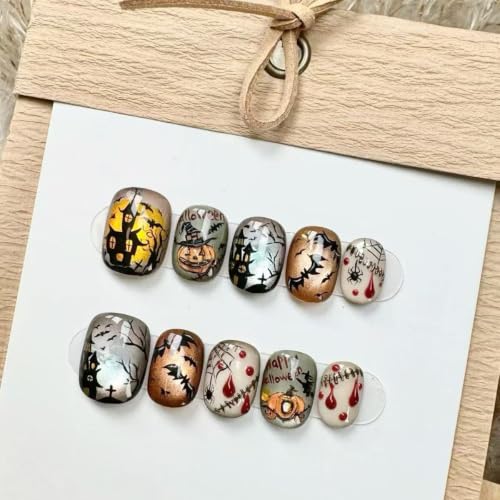 Halloween Short Press-On Nails Square Y2K Gothic Theme Fake Nails with Bat Pumpkins Spider Web Ghost Bat Pattern Style-13 - 24PCS