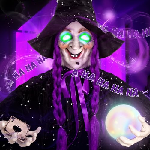 71-Inch Hanging Talking Animatronic Witch with Sound Activation and Glowing Eyes