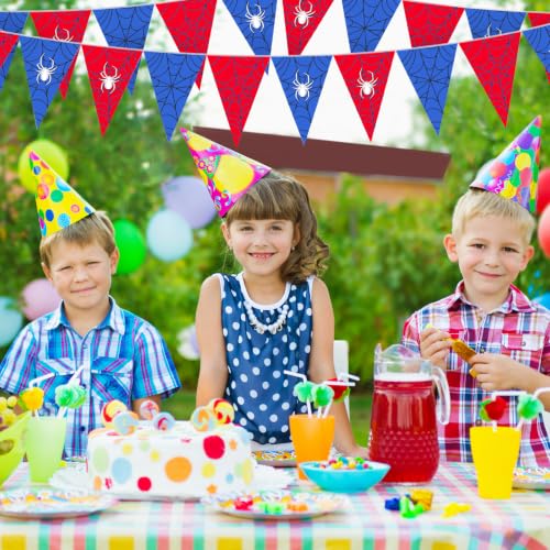 Spider Web Birthday Party Decorations Banner - Red & Blue Flags, 49.2 ft, 5 Pcs