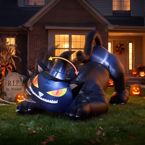 6FT Halloween Rotating Black Cat Inflatable Decoration with Witch's Hat - Outdoor Spooky Yard Decor