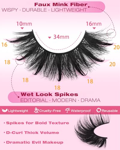 False Eyelashes Fluffy Mink Lashes with Spikes, Cat Eye Dramatic Lashes, Volume 10-16, Spike 16-20