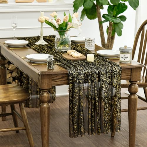 Horaldaily Black Gold Gauze Tablecloth 60x84 Inch Rectangular - Durable & Elegant