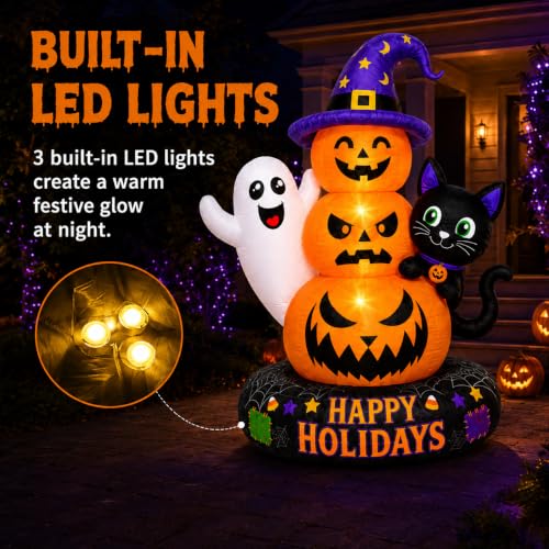 8 FT Inflatable Halloween Pumpkin Scene with Ghost Black Cat LED Lights