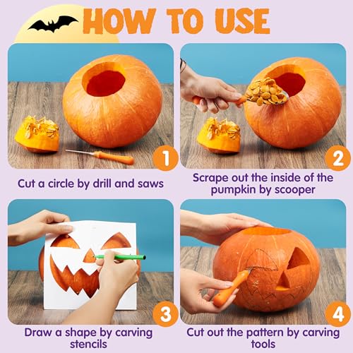 Halloween Pumpkin Carving Kit with Stencils & LED Lights - Classic Set with Accessories