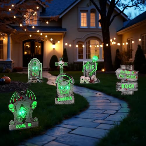 Halloween Tombstone Decorations - Glow in the Dark Outdoor Cemetery Set - 6 Pack with LED Lights - Spooky Yard Decor