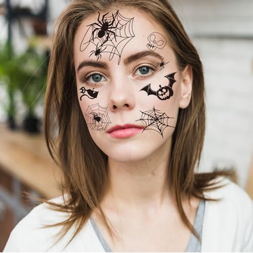 Halloween Eye Tattoos Set with Skull Spider Web Bats Face Stickers for Adults & Kids