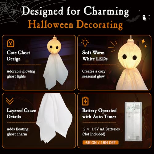 Halloween Ghost String Lights - Battery-Operated Mantel & Window Decor