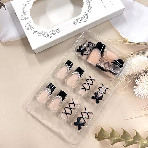 24Pcs Black French Press False Nails with Bow Tie Rhinestones - Reusable Acrylic Manicure Kit