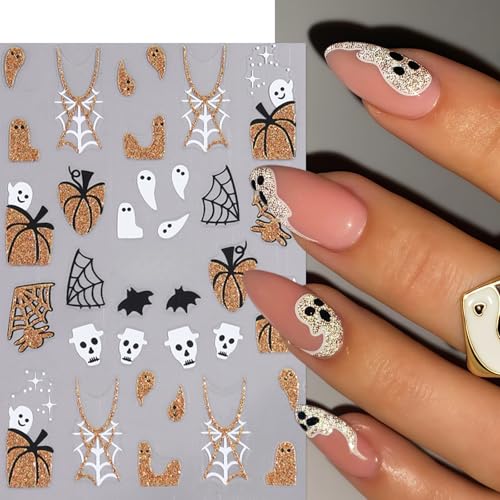 Halloween Bat Nail Art Stickers Decals - 3D Spider Web Pumpkin Ghost Designs for DIY Nails