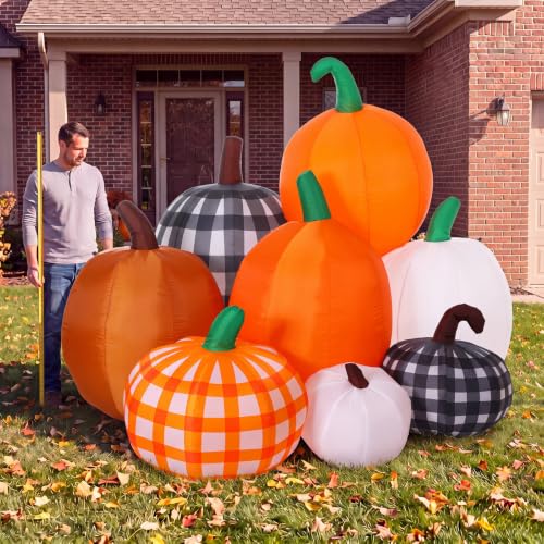 Leyndo 5.91 ft Plaid Stacked Pumpkin Inflatable Outdoor Decoration - Harvest Fall Yard Decor