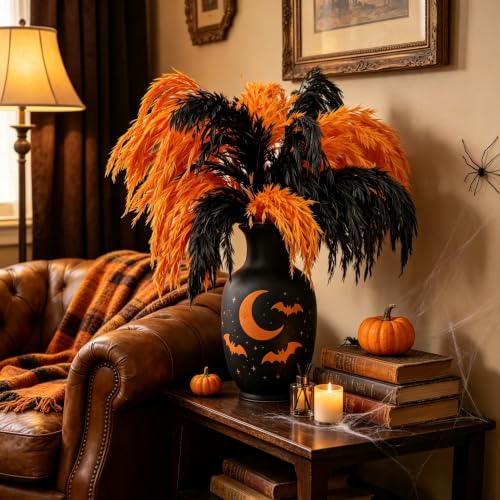 Black and Orange Pampas Grass for Halloween Decorations - 17 Inches