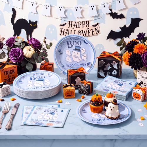 Halloween Paper Plates and Napkins Set - Boo Theme, 100 Pcs Disposable Party Supplies