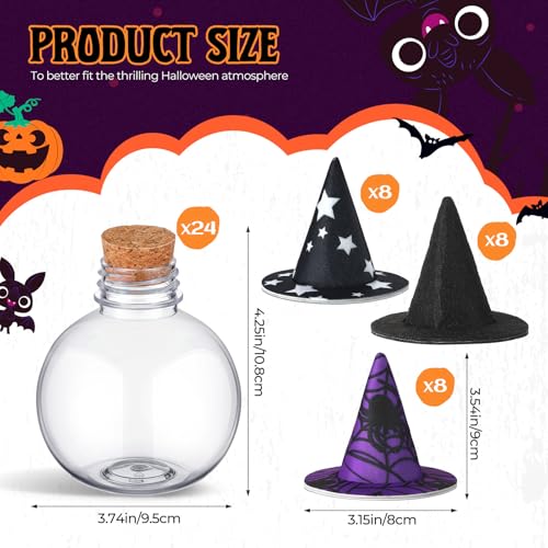 Halloween Potion Bottles Set with Wizard Hats - 24 Spherical Plastic 200ml Decorations