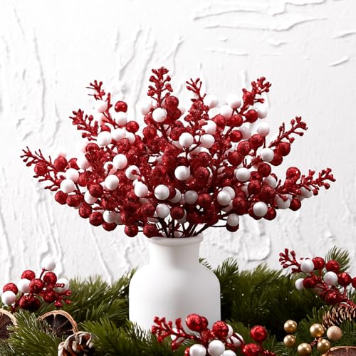 Christmas Glitter Berry Picks Set - Red White 8 Inch Holiday Decoration