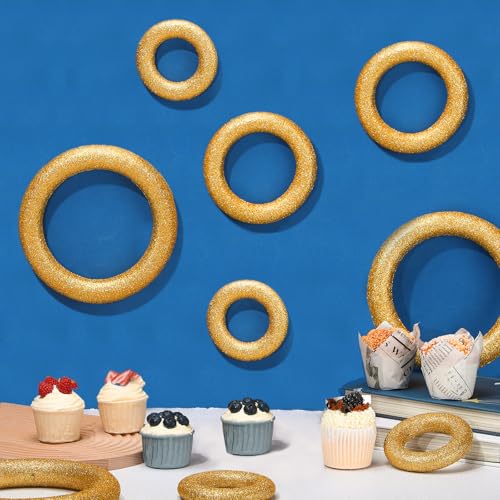 Gold Ring Party Decorations Set - 6 Glitter Foam Circles for Birthday Baby Shower Wedding - Variation 6