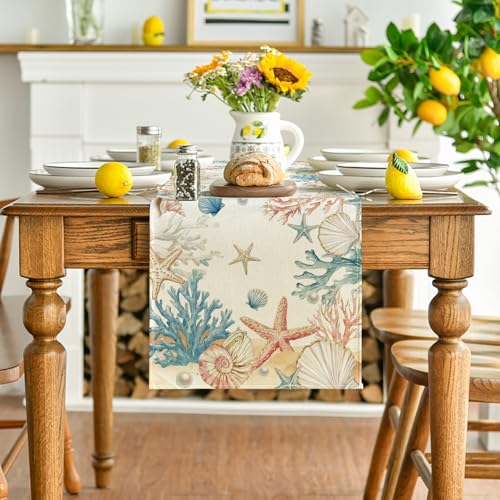 Summer Decorative Table Runner 13x72 Inch Coral Shell Pearl Design - Kitchen & Dining Decor
