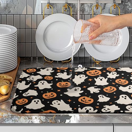 Halloween Dish Drying Mat Ghost Pumpkin 18x24 Inch Absorbent Microfiber Reversible