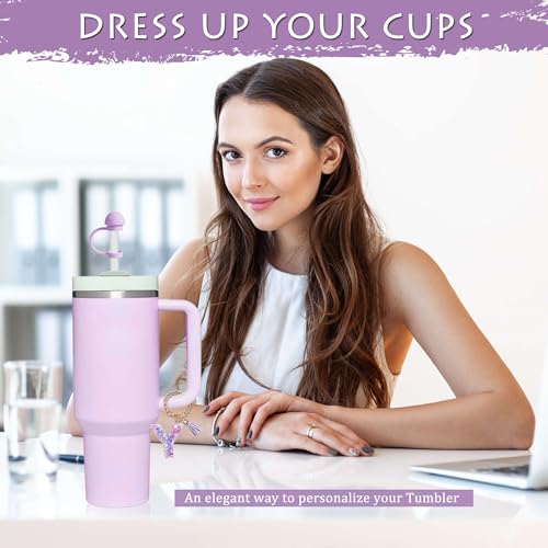 Purple Macron Heart Sequins Initial Letter Cup Charm & Straw Cover Cap for Stanley Cup