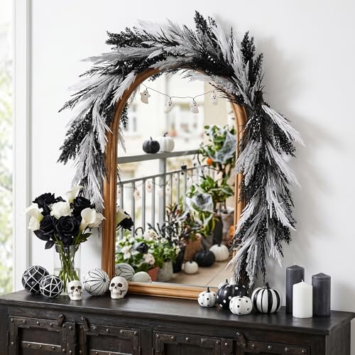 Black and White Halloween Pampas Garland with Lights - 6 Ft DecorbyHannah