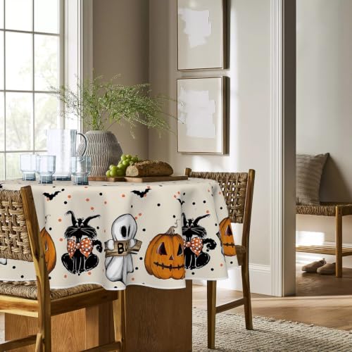 Halloween Tablecloth 90 Inch Round Jack-O-Lantern Ghost Cat Beige