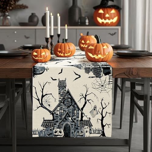 Artscope Haunted House Tree Ghost Halloween Table Runner - Black White 13x36 Inches