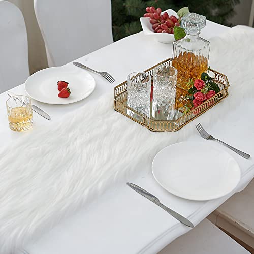 White Faux Fur Table Runner 11.8x59 Inch for Christmas Dining Decor - Snow White