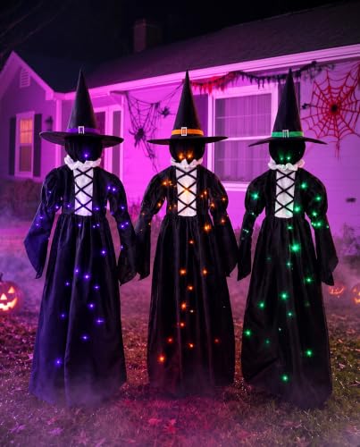 Set of 3 Light Up Halloween Witch Decorations Outdoor - 59 Inch LED Yard Stakes