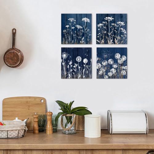 12x12 Inch Navy Blue Dandelion Wall Art Set - Rustic Botanical Canvas Prints - Farmhouse Boho Decor