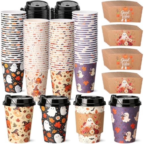 Halloween Disposable Coffee Cups 12 oz with Dome Lids & Sleeves Fall Ghost Style - 100 Pack