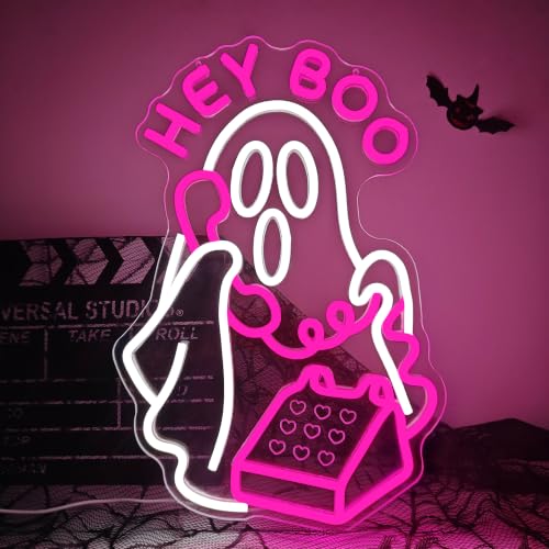Hey Boo Halloween Neon Sign for Wall Decor Pink Ghost Dimmable USB LED