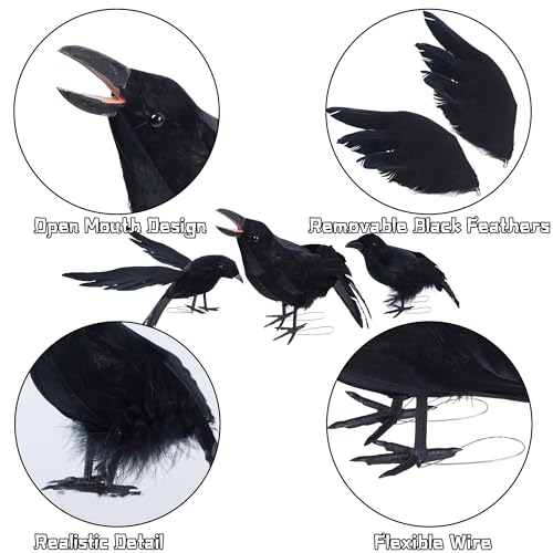 YOFIT Halloween Fake Crow Decorations - Realistic Black Crow Set - Style 2