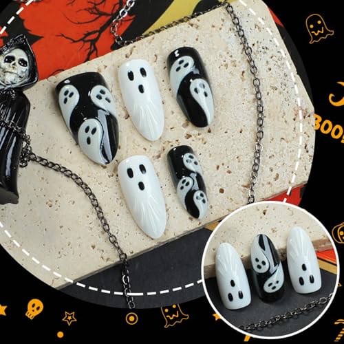 30Pcs Halloween Fake Almond Nails with 3D Ghost Designs - Black & White, Easy Glue-On Set