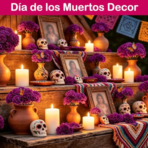Memorial Purple Artificial Marigold Flower Heads with Stems - 120PCS, Decorative Tribute