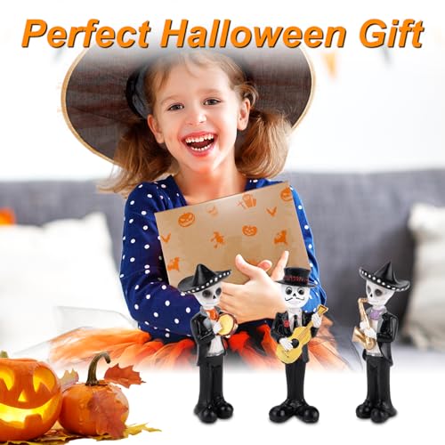 White Day of The Dead Skeleton Figurines with Mariachi Band - Halloween Decor, 3PCS, 5.5In