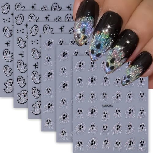 Cute Ghost Halloween Nail Stickers - 6 Sheets Glitter 3D Self-Adhesive Nail Decals